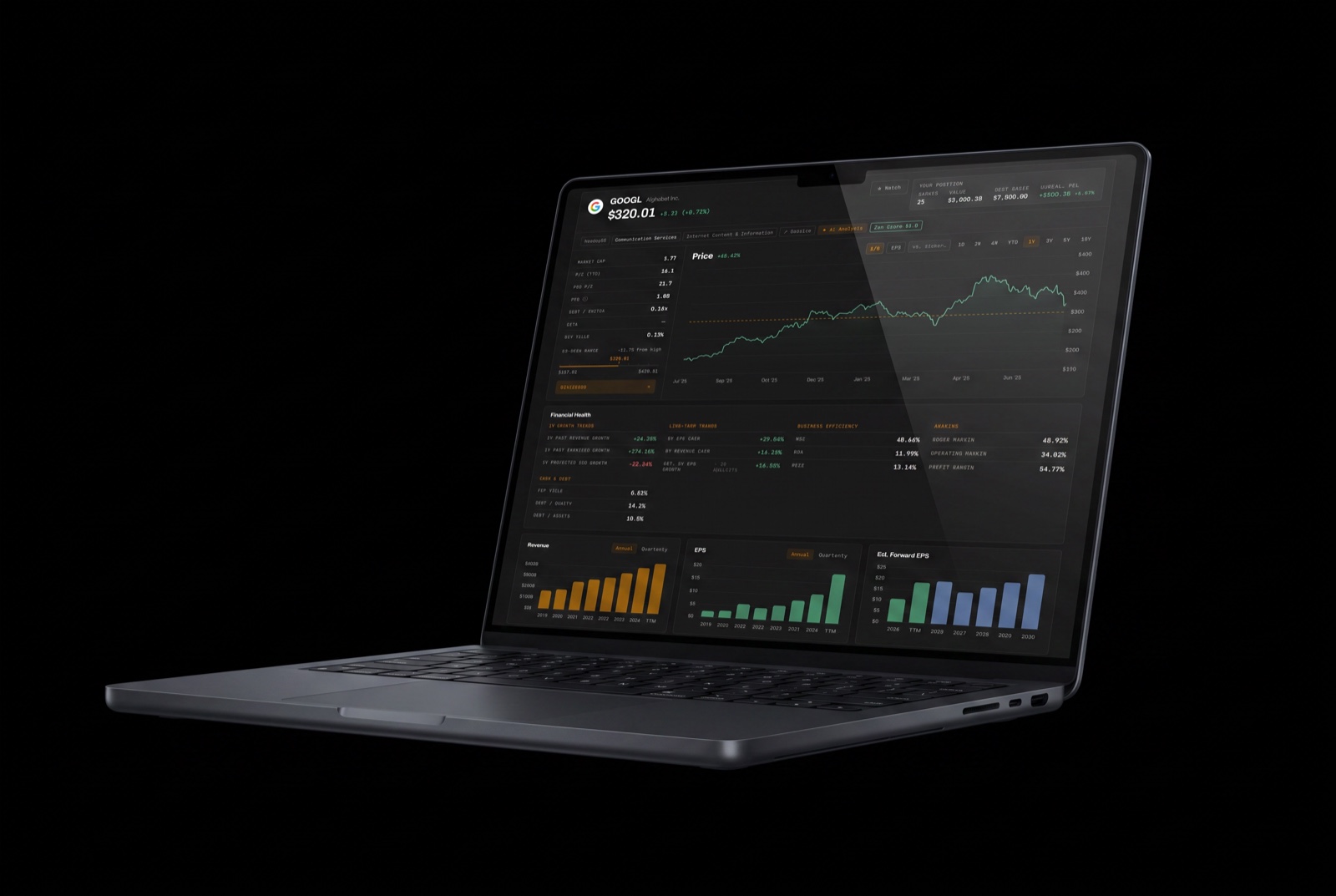 A laptop showing Zenly's stock page for Alphabet: price and position at the top, valuation metrics beside a one-year price chart, then financial health ratios and bar charts of revenue and earnings per share.